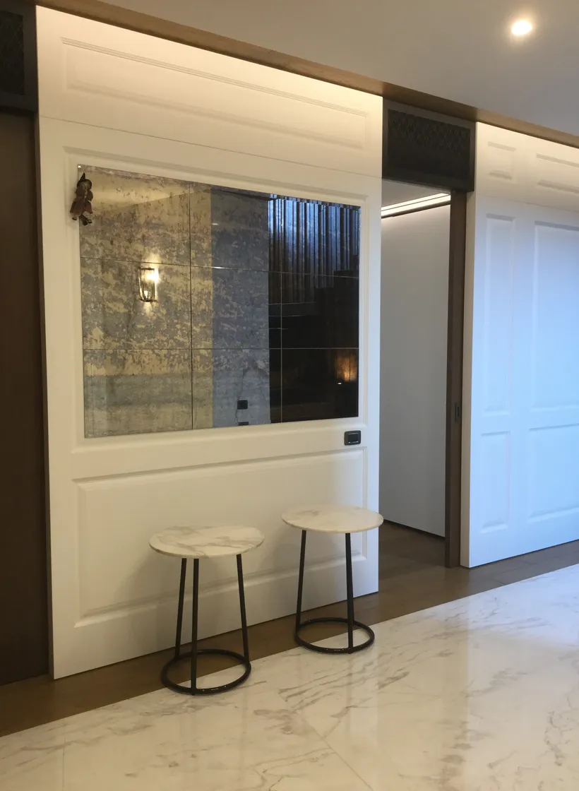 Travertine and oak detail